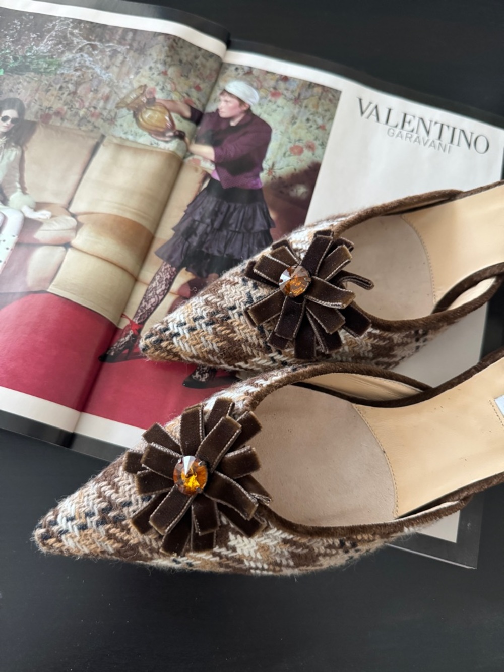 Brown Tweed Pointed Toe with Jewel velvet Flower
